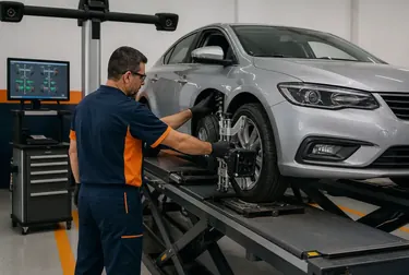 Mecânico ajustando as rodas de um carro em um ambiente profissional de borracharia.