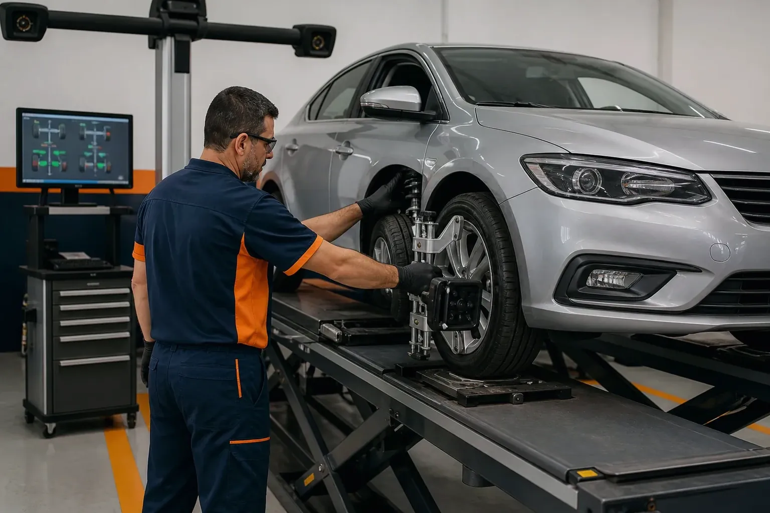 Mecânico ajustando as rodas de um carro em um ambiente profissional de borracharia.