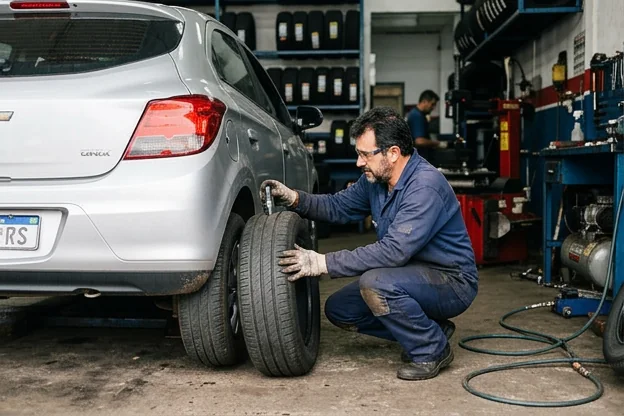 Mecânico verificando o estado dos pneus de um veículo.