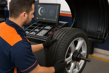 Profissional fazendo balanceamento de rodas em uma borracharia moderna.