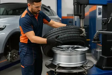 Profissional realizando a troca de pneus em um veículo com ferramentas adequadas.