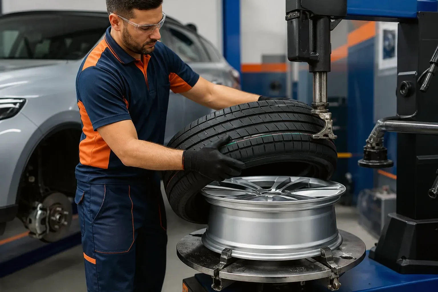 Profissional realizando a troca de pneus em um veículo com ferramentas adequadas.